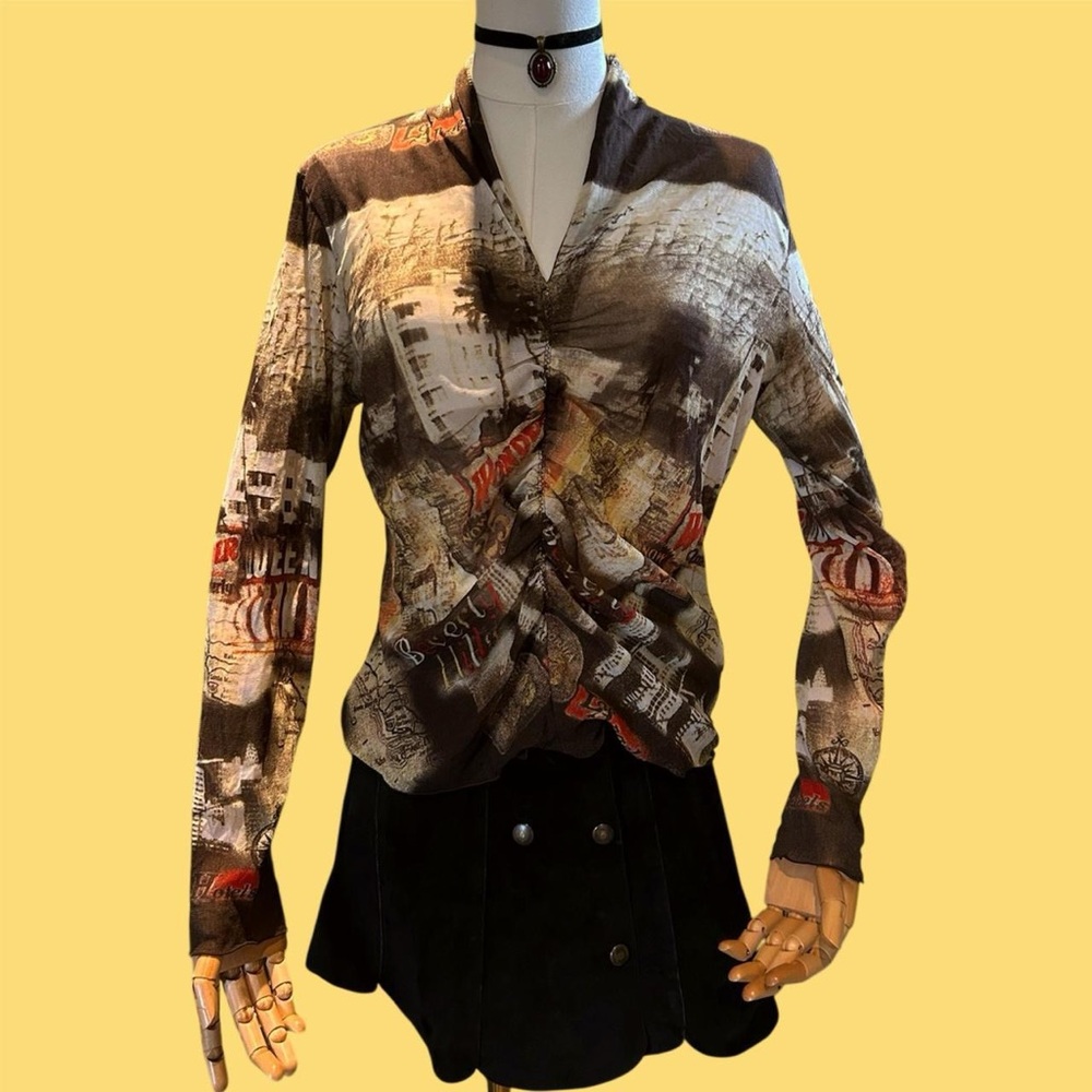 Vintage 90s mesh sheer long sleeve graphic euro top